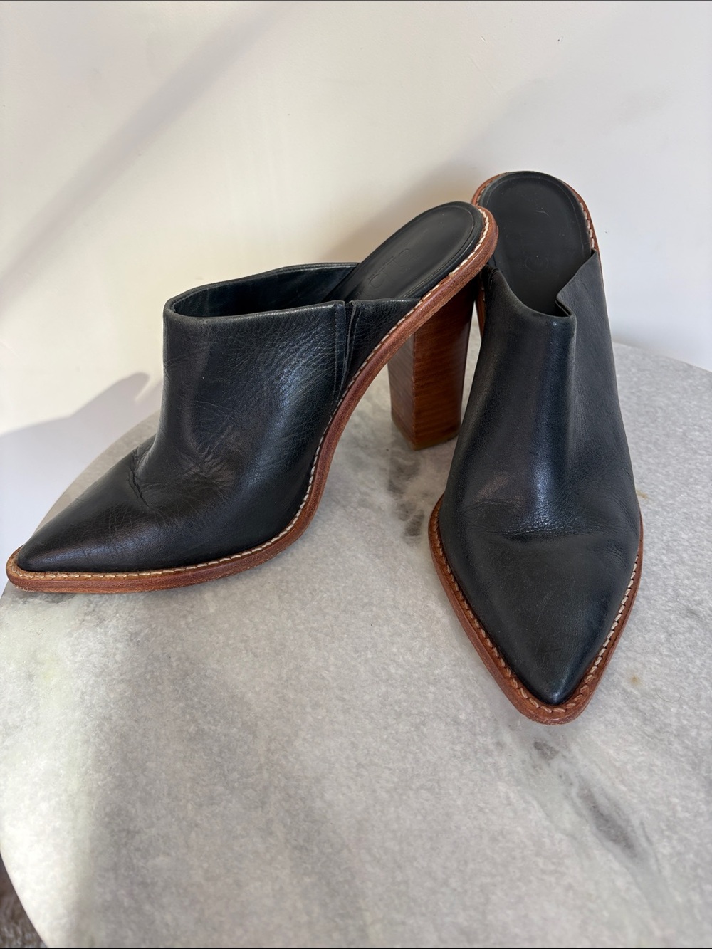 Tibi Windsor Black Leather Pointed-Toe Mule with stacked Heels Sz 7, or 38 EU